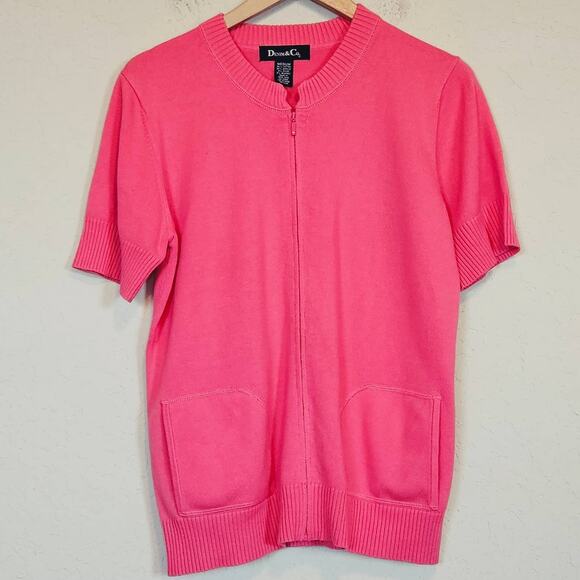 Denim & Co Pink Short Sleeve Zip Up Sweater Cardigan Barbiecore Vintage Sz Med - Picture 1 of 8